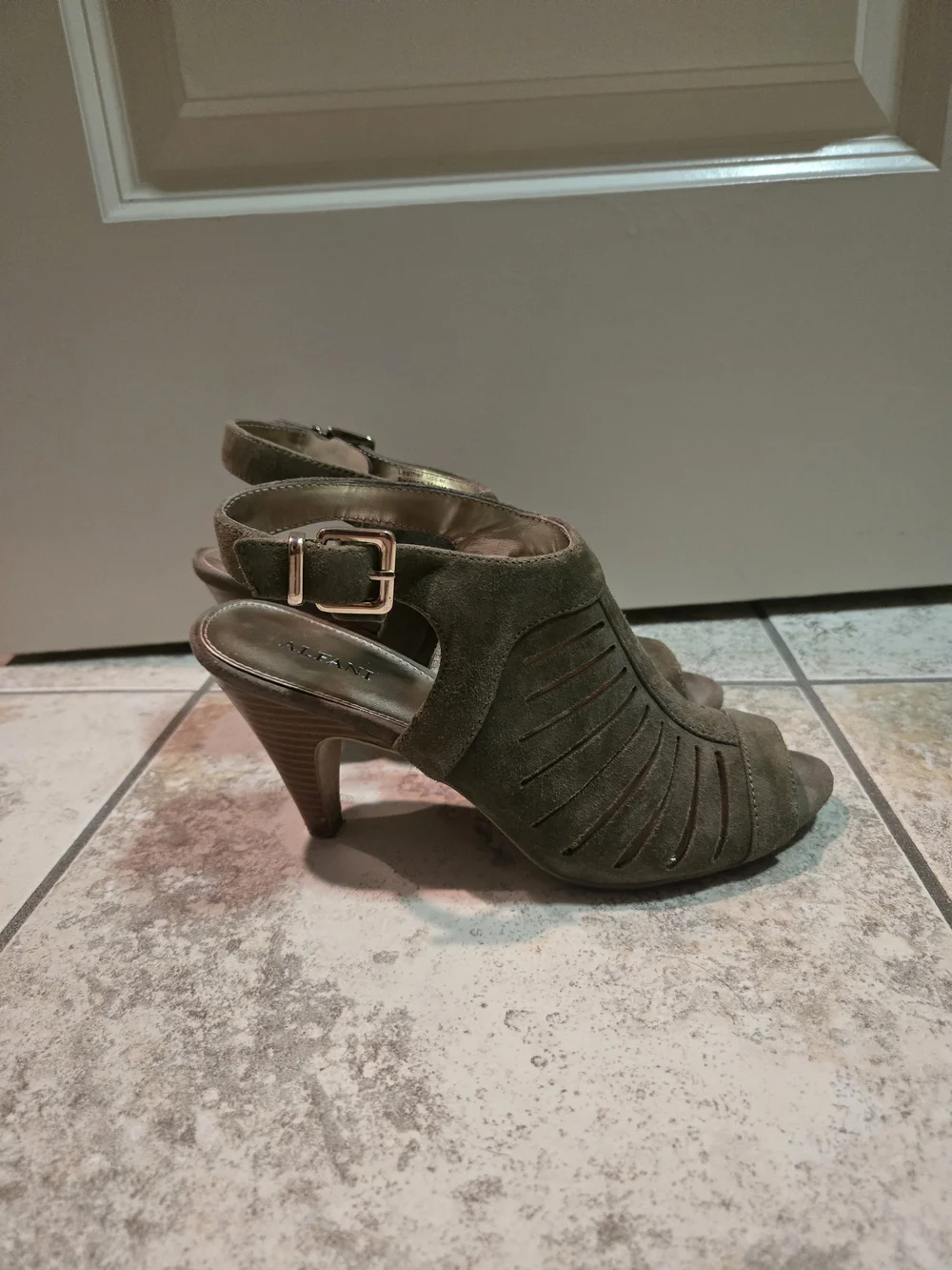 Alfani Olive Green Suede Cutout Peep-Toe Heels with Buckle Strap